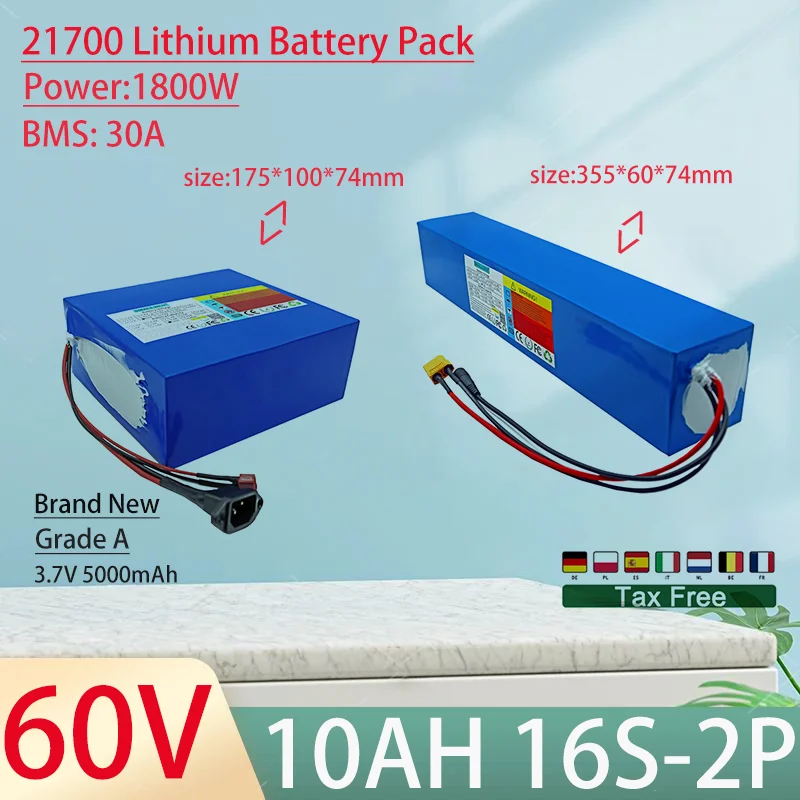 

60V 10Ah 21700 16S2P Lithium Ion Battery Pack 2000W Power Tool Batteries Outdoor Backup Batteries With 30A BMS+67.2V 3A charger