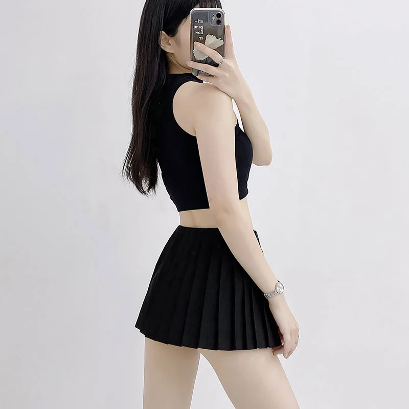 2024 Summer Skirts Women Solid Color High Waist Pleated Skirt with Inner Shorts Side Slit Pleated Hot Club Mini Skirts for Girls