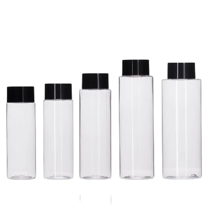 

100/120/150/200/250ml PET Plastic Toner Water Bottle Bright Black Screw Lid Transparent Cosmetic Hydrolat Liquid Bottle 20pcs