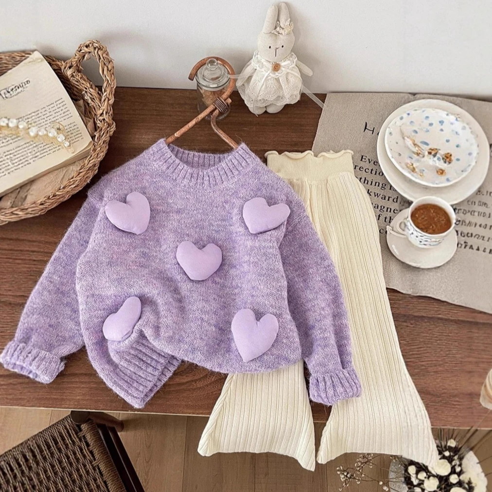 

Вязаный свитер Sweet Heart для девочек, осень 2023, новый корейский японский стиль, детский модный универсальный пуловер, свитер