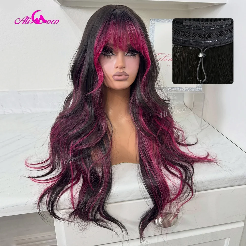Highlights Pink with Bangs Invisible HD Drawstring Wig Pre-cut 200 Density Lace Front Body Wave Layered Glueless Human Hair