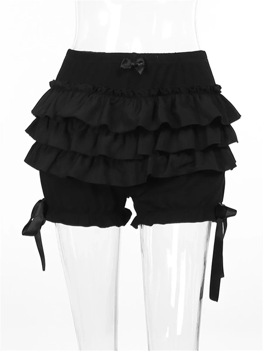 Short bloomer noir gothique pour femme, taille élastique, à volants, short superposé, Harajuku Streetwear, bas taille haute, été, nouveau