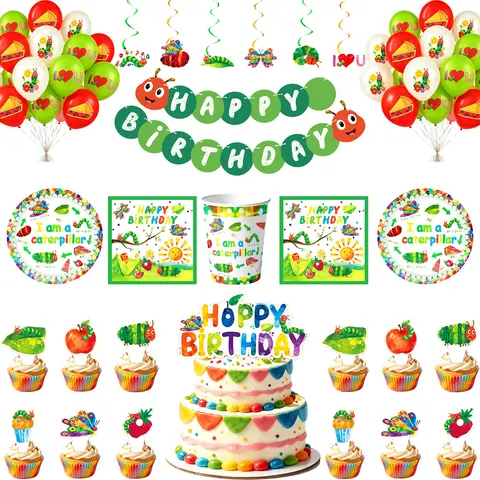 Hungry Caterpillar Birthday Decoration Banner Hanging Swirls Balloon Tableware Cake Topper for Insect Caterpillar Party Supplies