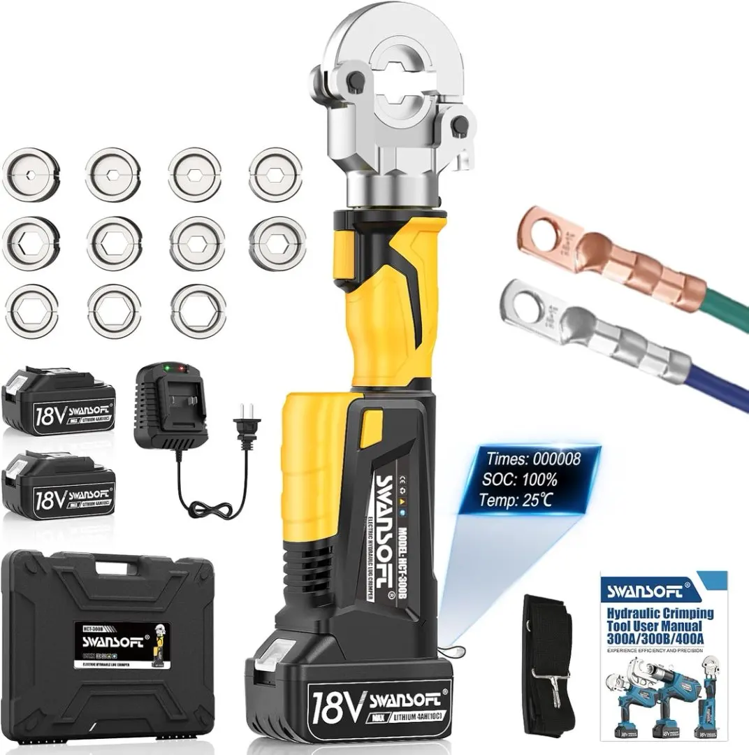 SWANSOFT Electric Hydraulic Crimping Tool For 6AWG-600MCM Hydraulic Wire Crimper for Cu/Al Terminal 6Ton Continuously Crimp Cable Lug Crimping Tool Kit with 11 Dies