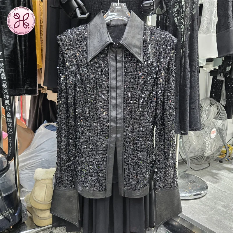 

Рубашка с длинными рукавами реглан и пайетками, с подплечниками, в стиле Heavy Design, нишевая модель, новинка весны 2026, для темных образов в стиле Hot Girl