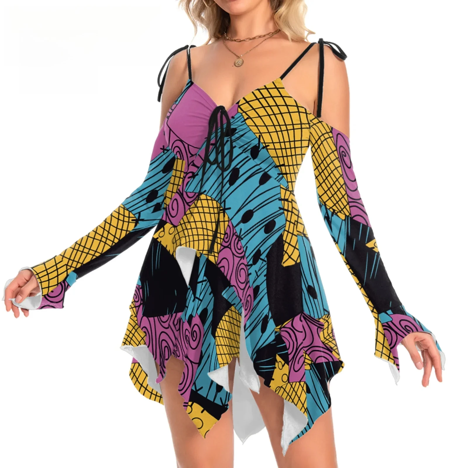 

Halloween Cosplay Costume Y2K Sexy Off Shoulder Dress for Women Sally Theme Party Long Sleeves Asymmetrical Dresses