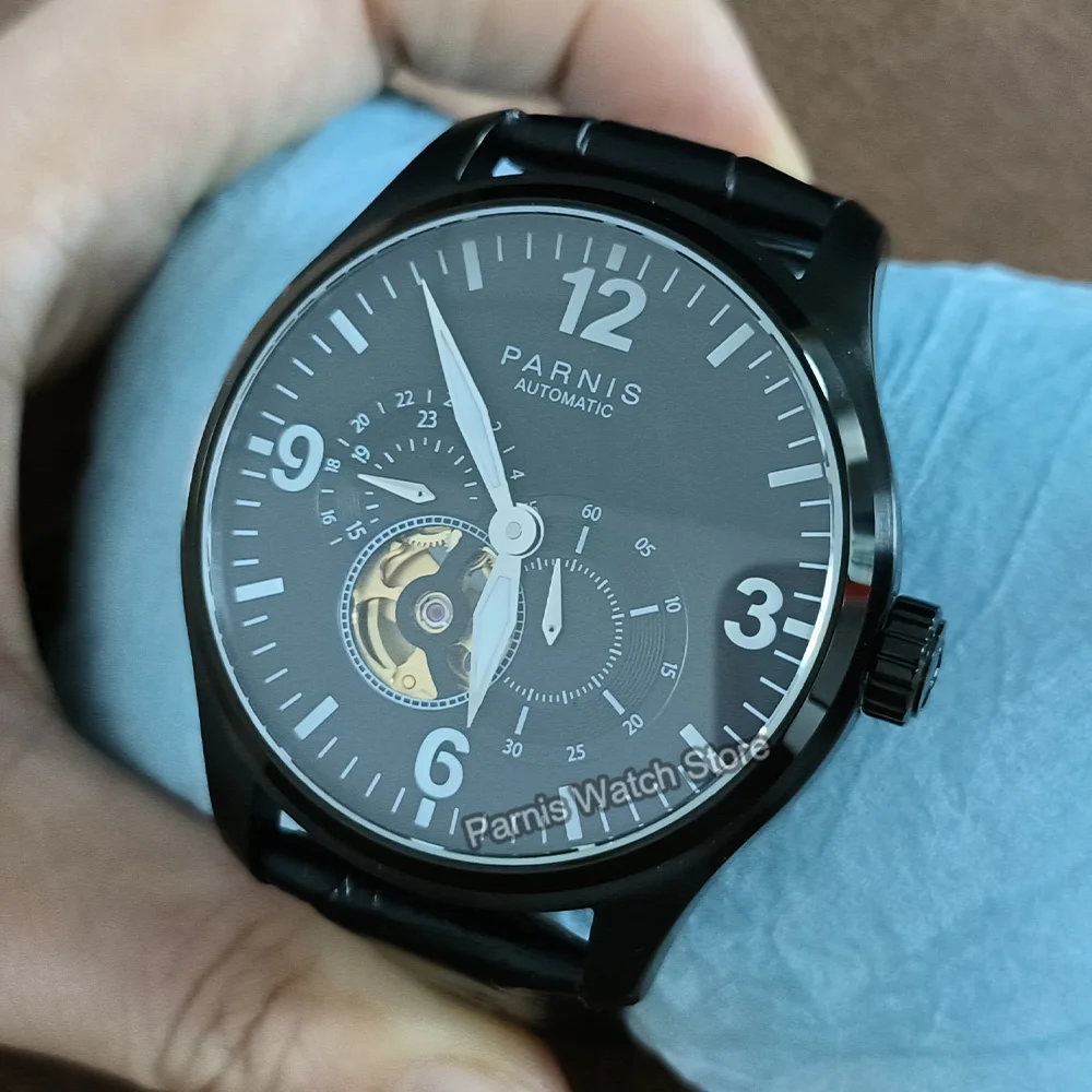 Parnis 44mm Miyota82S7 Automatic Sapphire Crystal Men's Mechanical Watch 24-hour Black Dial Stainless Steel Case