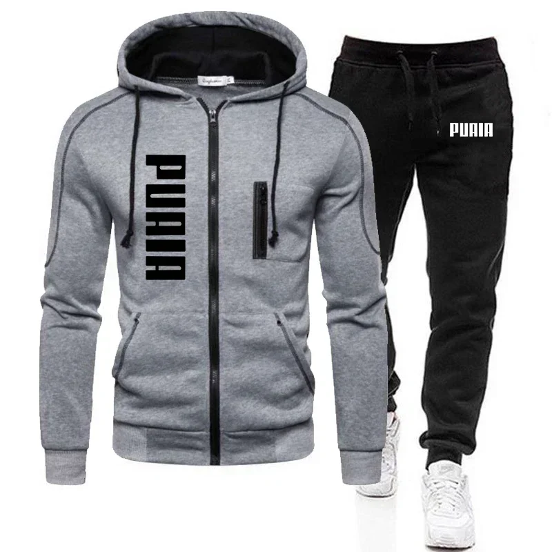 Neuer Outdoor-Jogging-Fitness-Hoodie + Hose für Herren, 2er-Set, lässige Herbst- und Wintermode mit Reißverschluss und Kapuze, Herren-Sportanzug