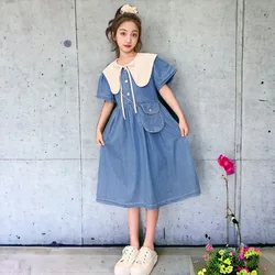 Baby Girls Denim Dresses Summer Outfits Kids Clothes Short Sleeve Kids Princess Dresses Preppy School Costumes  4 6 7 8 10 Years