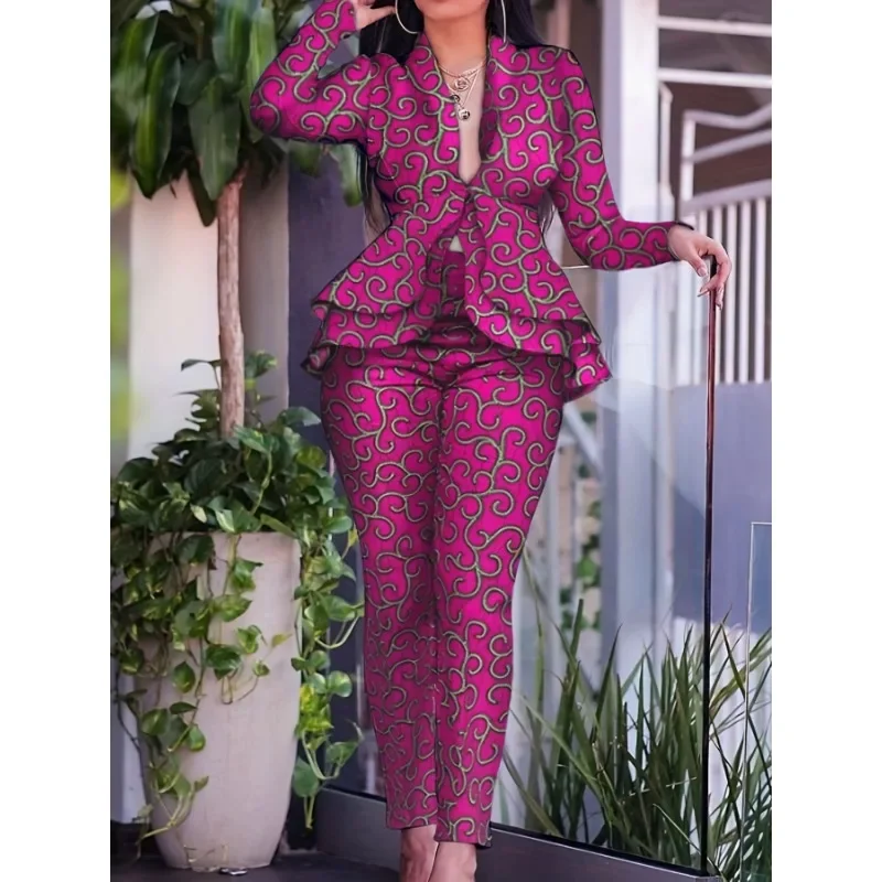 2024 Spring New Slim Fit Printed Two-Piece Suit Suit Women\'s Long Sleeve Ruffles Blazer High Waist Pencil Pants Trousers Suit