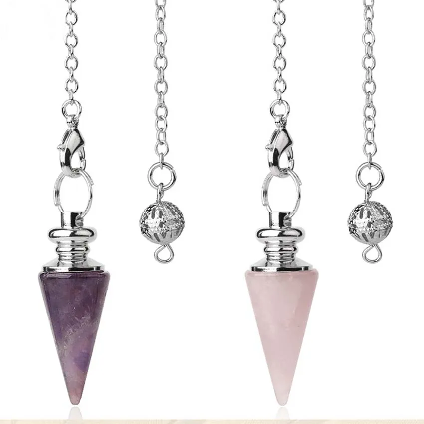 Natural Healing Crystal Stone Cone Pendulums For Dowsing Divination Amethyst Rose Quartz Pendulum Pendant Spiritual Jewelry
