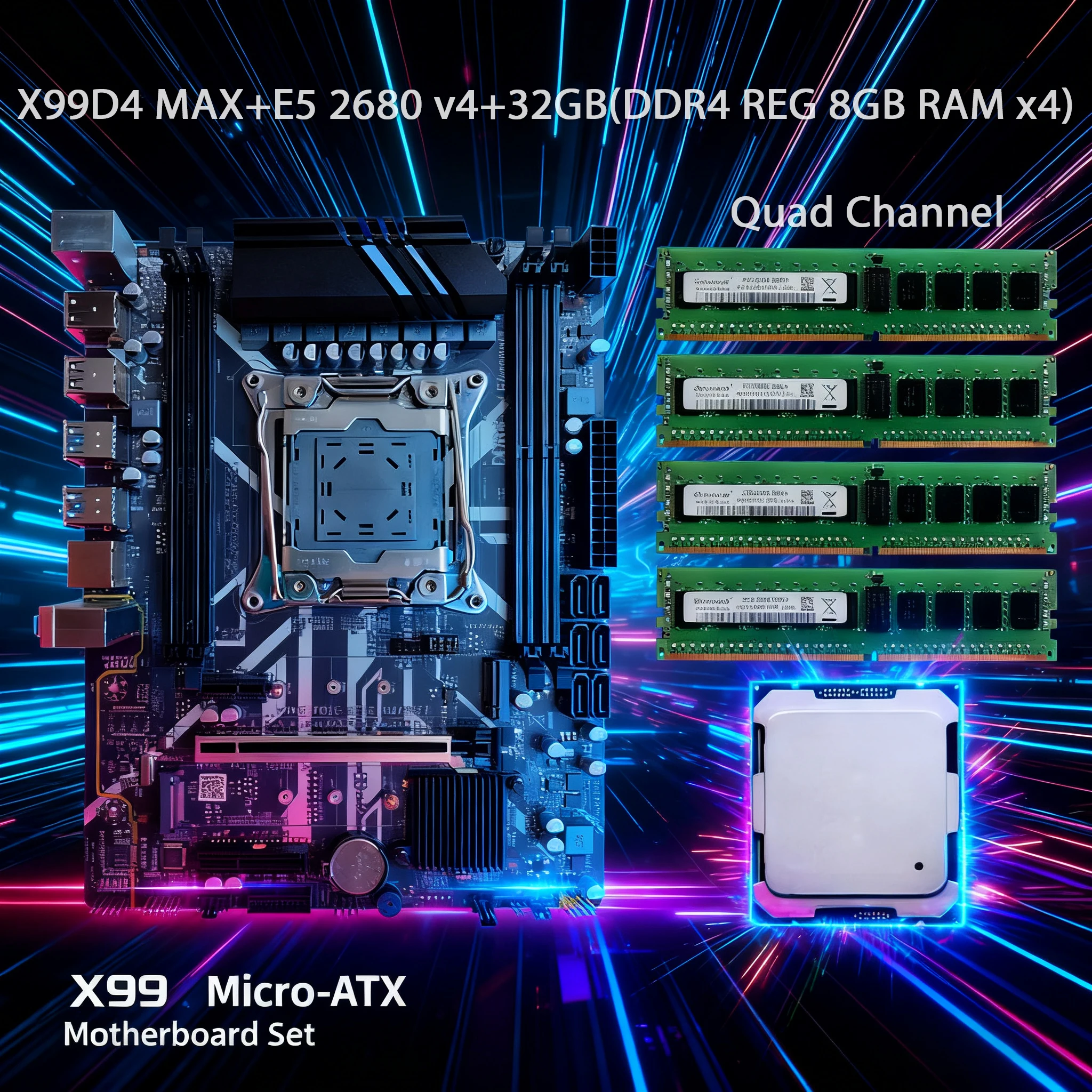 

X99 Motherboard Kit with LGA2011-3 Xeon E5 2680 V4, DDR4 32 GB (4*8GB) 2400 MHz RAM, Quad Channel NVMe M.2, NGFF M.2 SATA3.0*6