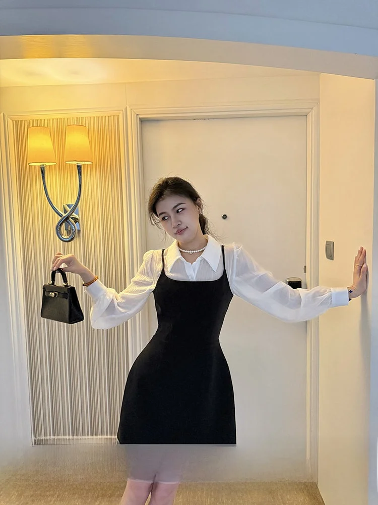 

Zhang a Xing Black White Muse Layered Color Block Flattering Waist Design plus Size Dress Casual Style Spring Fashion Women