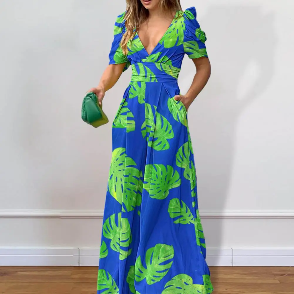 

A-line Silhouette Dress Stylish Leaf Print Maxi Dress With V Neck High Waist Side Pockets For Summer Commute Office Style