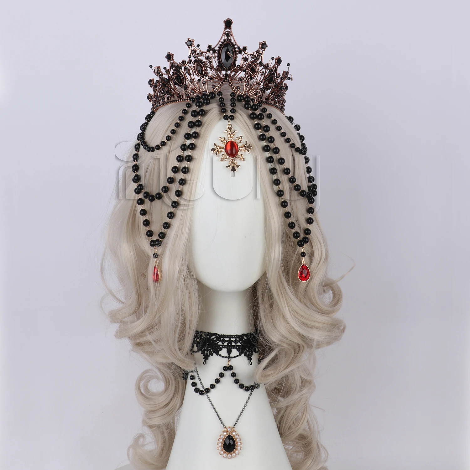 Lolita Gorgeous Vintage Mary Baroque Tiara Black Bead Chain Goddess Sun Bride KC Crown Halloween Cosplay Headwear