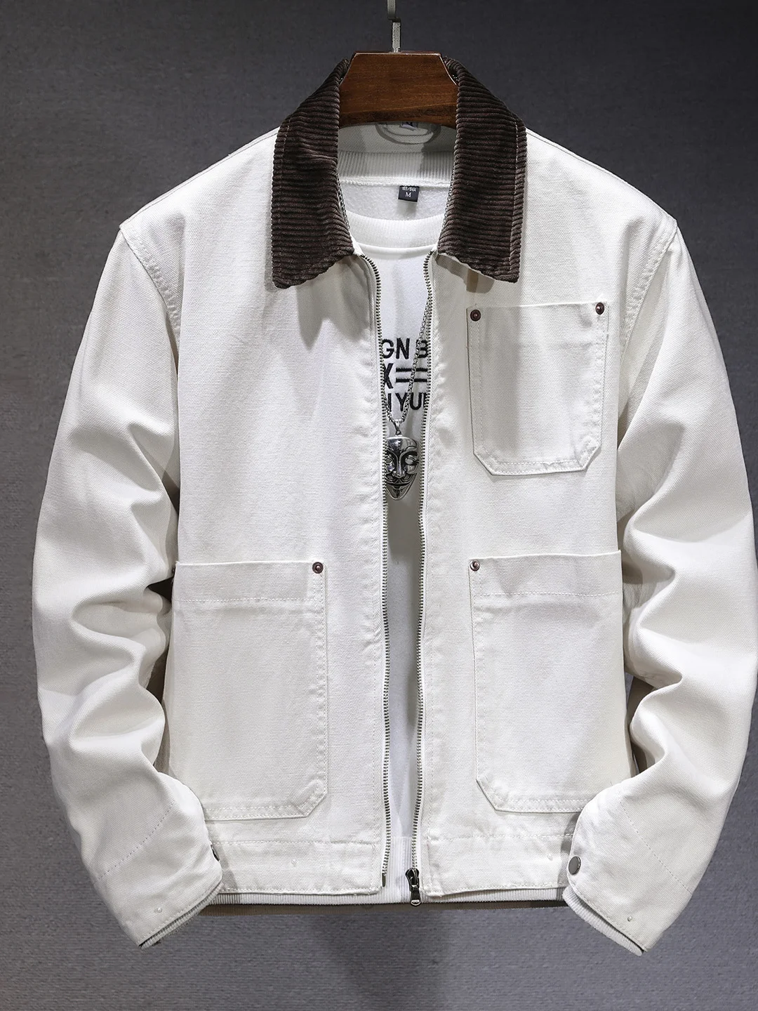 

High-End Retro Corduroy Color Blo Workwear Jaet Men's Loose Fit Simple Sle Autumn New Arrival Cotton Long Sve Zipper