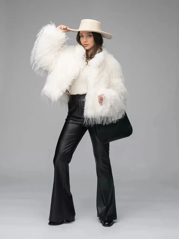 Schwarzer, flauschiger Kunstpelzmantel für Damen, 2025, warme, dicke Quaste, lässige kurze Jacke, Herbst-Winter-Pelz-Federjacke, Oberbekleidung