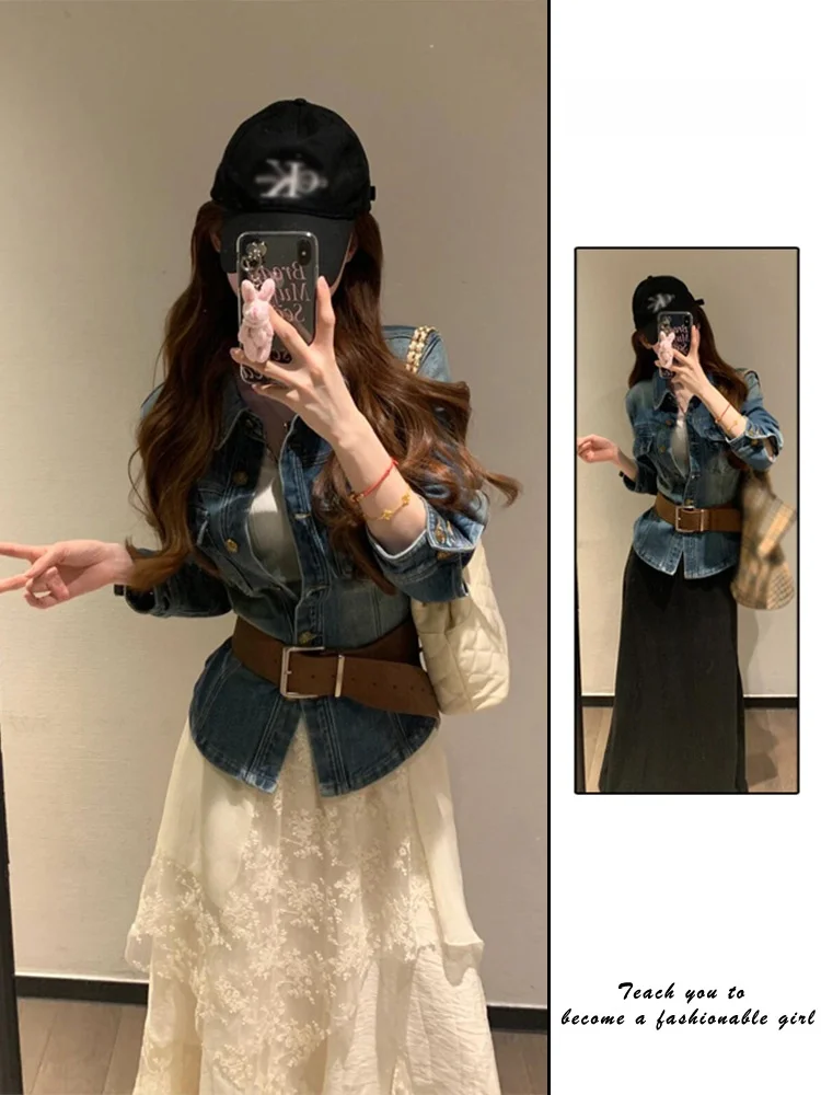 

Retro Hong Kong Sle Women's Denim Jaet Slim Fit Long Sve Spring 2025 New Design oulder Length irt Top