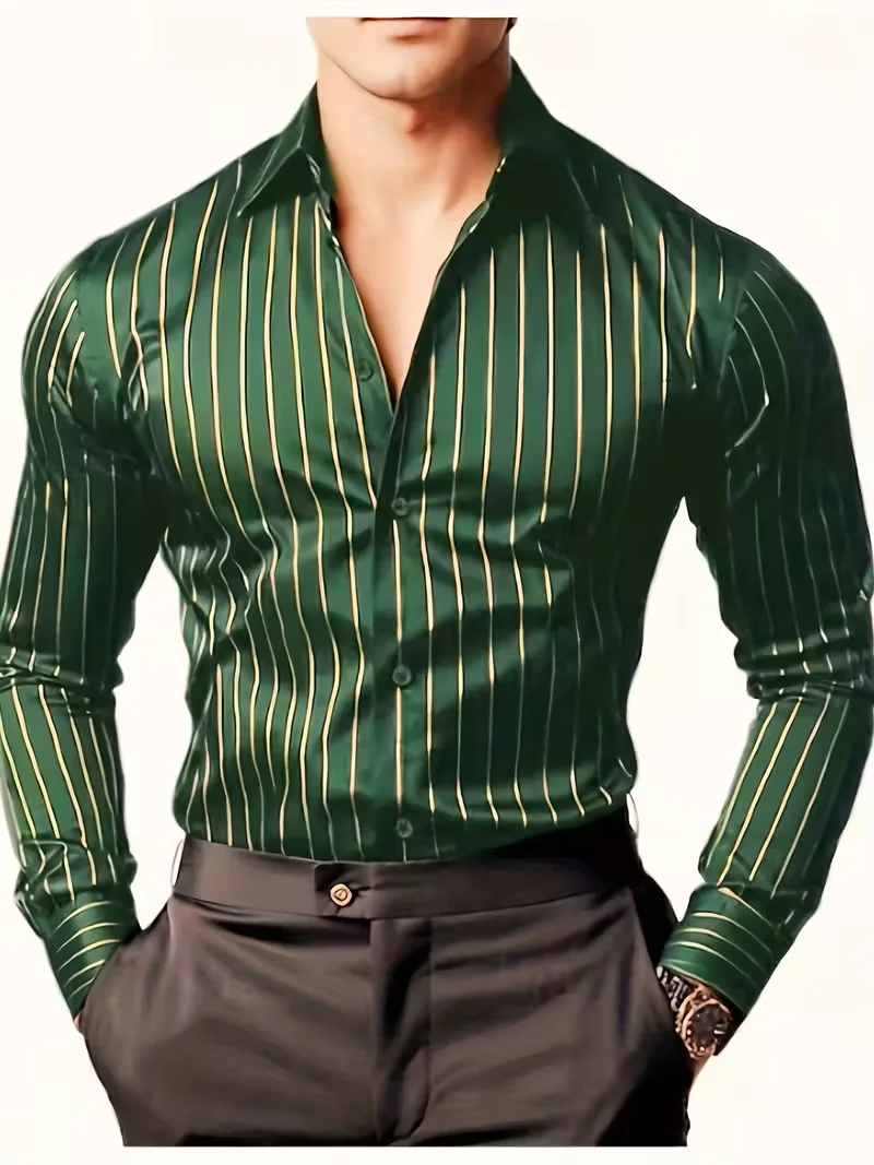 Camisa listrada masculina da moda: estilo elegante, casual e ao ar livre com mangas compridas, design de lapela e botões, macia e confortável
