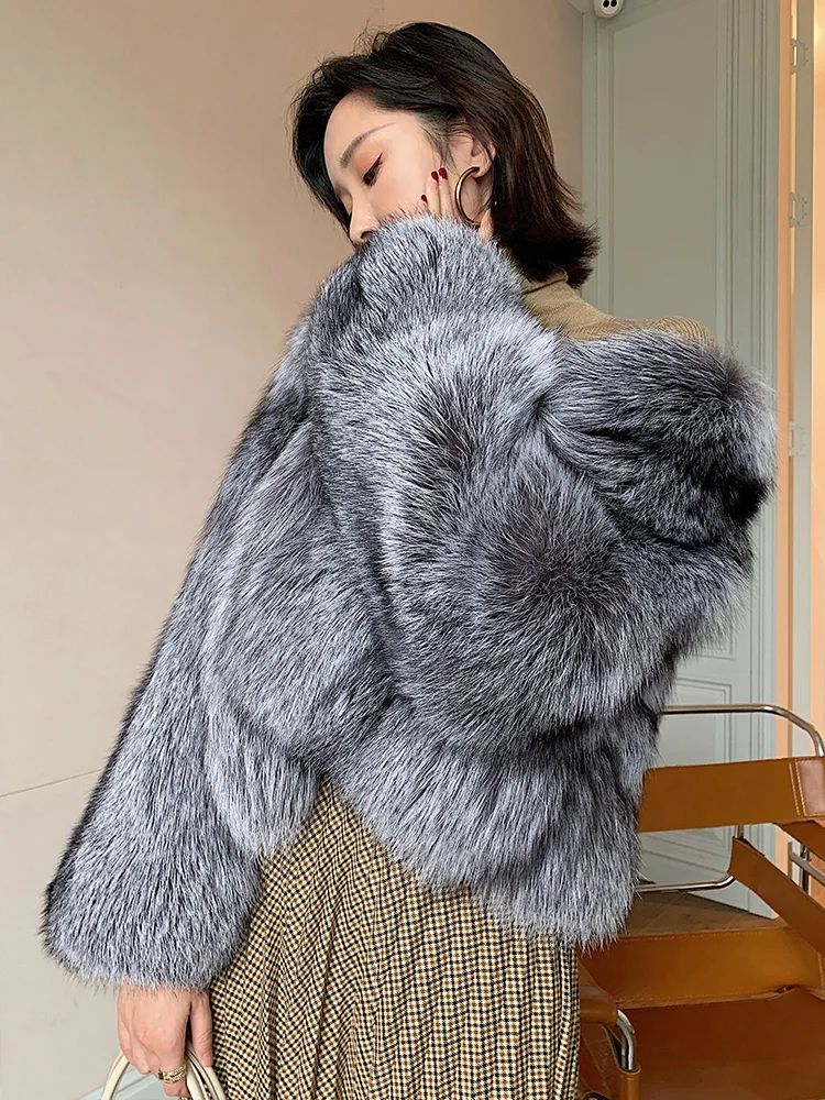 Winter Super Luxury Silver Fox Fur Full Skin Coat Bright Color Women Silver Fox Fur Outfit Jacket