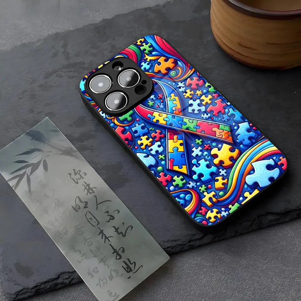 Puzzle Autism Awareness Phone Case Tempered Glass For iPhone 14 15 16 13 12 11 Pro XS Max Plus Mini SE2020 Coque