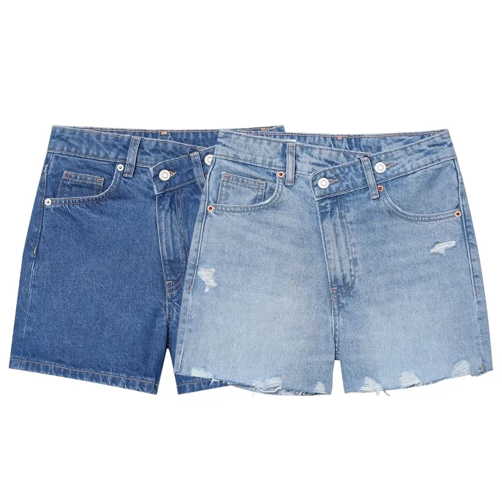 شورت جينز نسائي بخصر متقاطع عالي الخصر من قماش الدنيم بتصميم قديم شورت جينز مريح أنيق للنساء