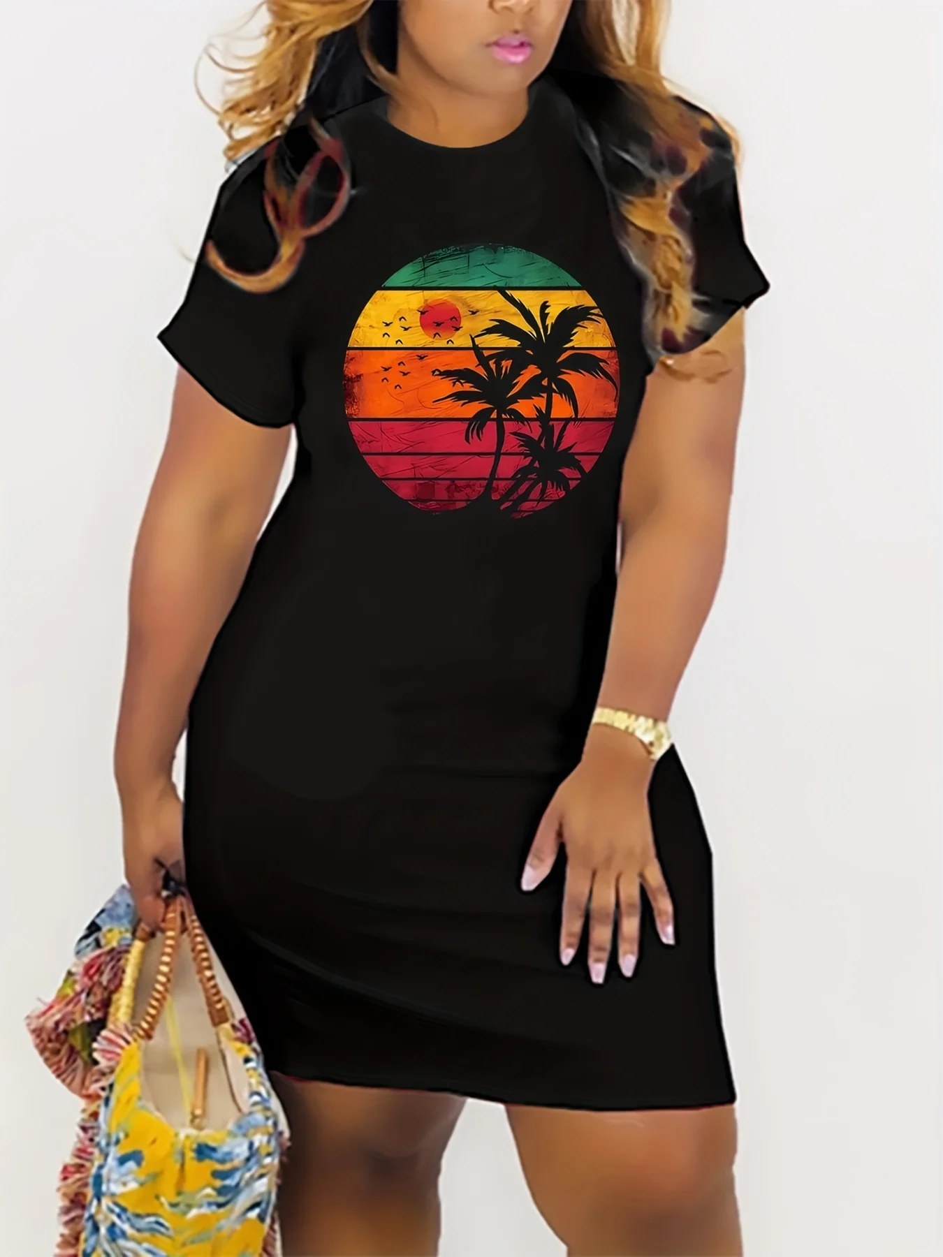 Damska letnia sukienka plus size z nadrukiem w bloki kolorów, z krótkim rękawem i okrągłym dekoltem, luźna, swobodna sukienka T-shirt