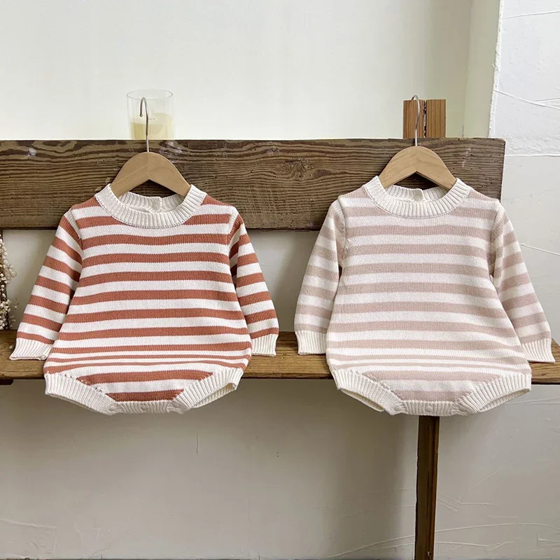 

2024 New Autumn Newborn Baby Girls Knitted Bodysuits Long Sleeved Knitted Stripes Infant Baby Girl Jumpsuit Children Clothes