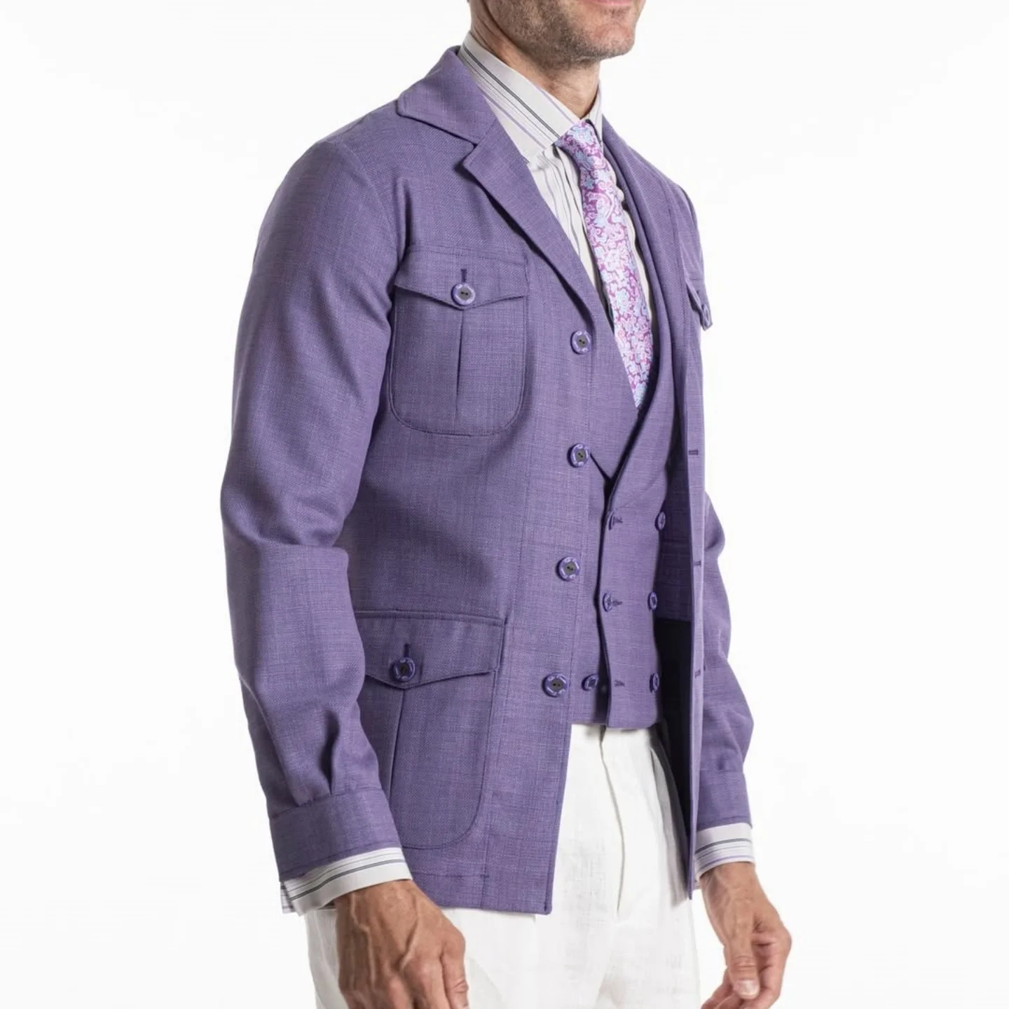 Casual Men Purple 2 Piece Suit Blazer And Double Breasted Vest Set Safari Style Slim Fit Notch Lapel Multi Vacation Customized