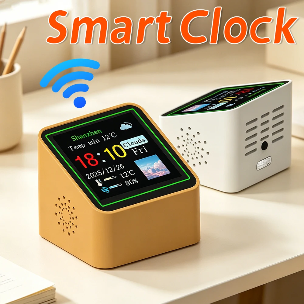 WiFi Smart Desktop Weather Clock Mini Weather Station with Temperature Humidity Display Auto Sync Digital Clock for Home Bedroom