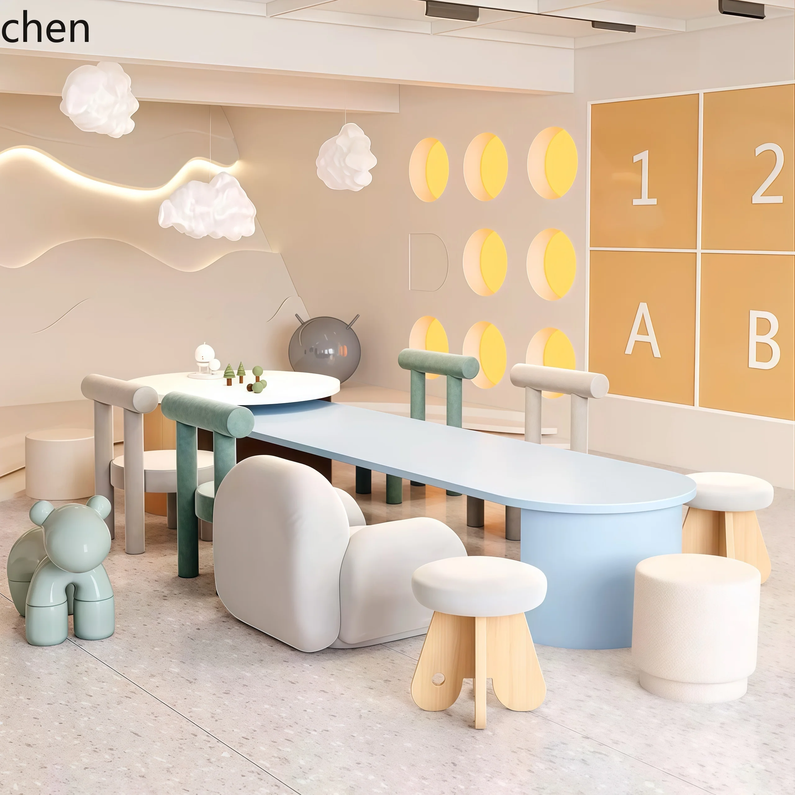 HT Solid Wood Table and Chair Set for Amusement Park Reading Area, Early Education Center, and Sales Office