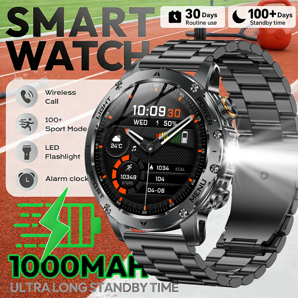 

2026 New 1000mAh Large Battery Smartwatch Men Compass LED Flashlight 3ATM Waterproof Bluetooth Call Heart Rate Sports Smartwatch