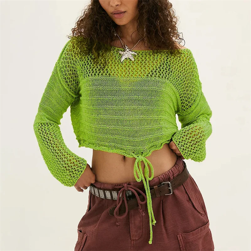 

Women's Sexy Hollow out Crochet Bikini Cover up Long Sleeve Beach Cover-Ups Knit Blouse Crop Top Thin Sweaters Blusa
