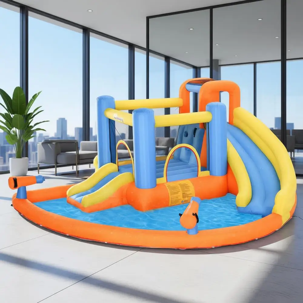 Opblaasbare kinderwaterparkglijbaan met spatzwembad, klimmen, luchtpomp, waterkanon, trampoline, 5-in-1 springkasteel voor buiten