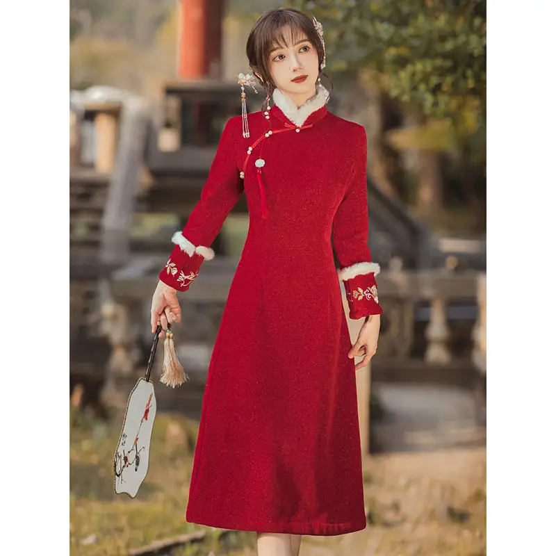 Red Chinese New Year Cheongsam Women Thickened Long Sleeve Winter Dress Slim Elegant Chinese Traditional Qipao S To XXL