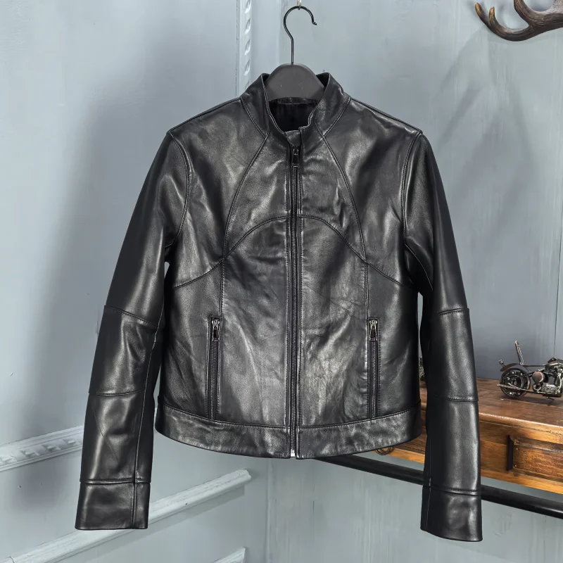 Faionable Slim Fit Motorrad Ort Jaet Damen Leder Eapenfell Mantel Stehkragen Reißverschluss Pendeln Sle 2025, Au...