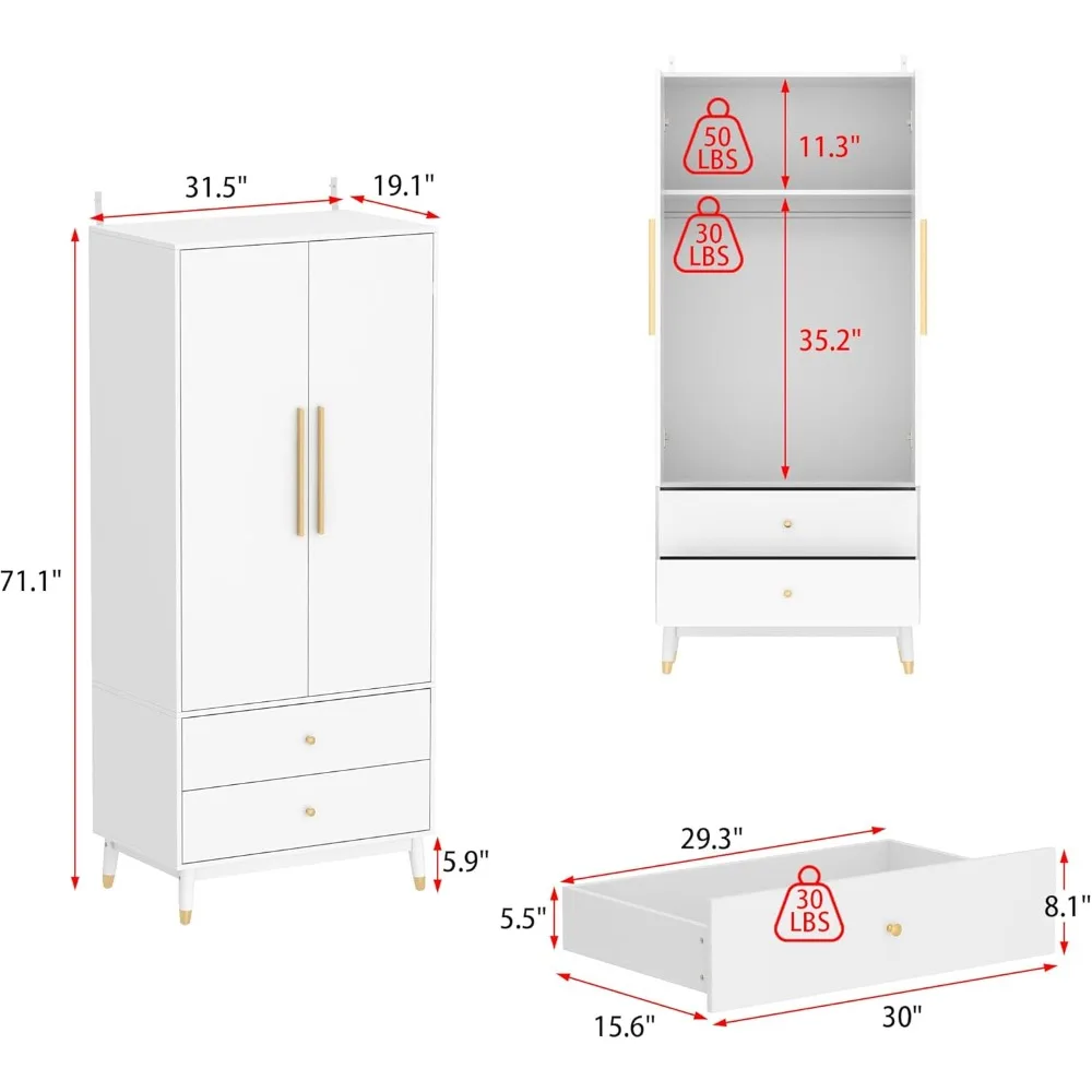 Armário de guarda-roupa de 2 portas, armário de guarda-roupa independente com haste de suspensão e 2 gavetas, organizador de roupas de quarto