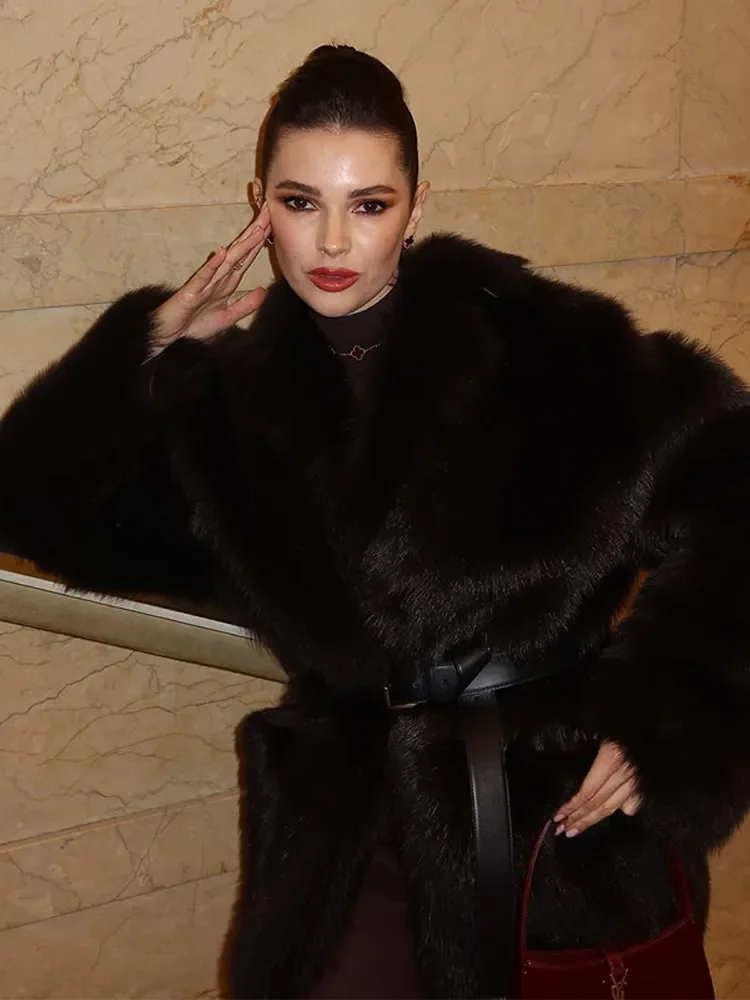 Fashion Warm Thick Faux Fur Women Coat Vintage Luxury Lapel Long Sleeves Belt Pockets Solid Overcoat Autumn Winter New Jacket