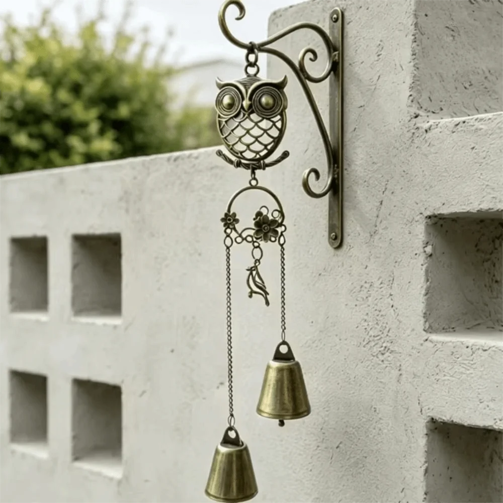 Metal Wind Chime Owl Wind Chime Metal Double Bells Decorative Pendant Owl Shape Butterfly Detail Hanging Ring Bell Hanging Decor