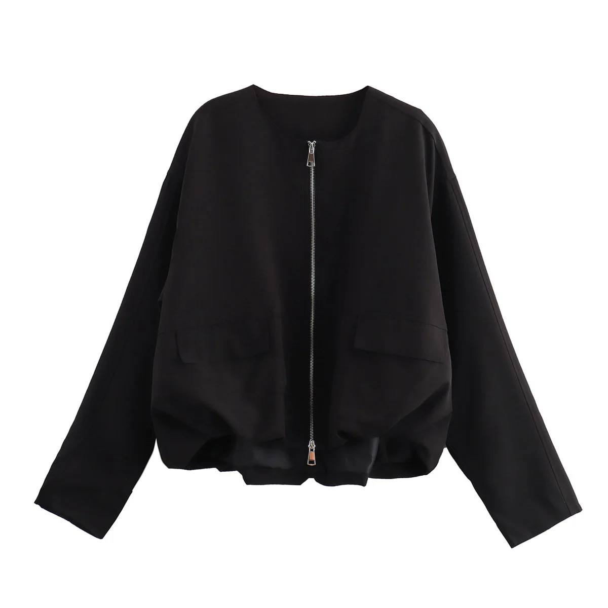 JNLEAOG Primavera delle Nuove Donne Faion Design Lungo Sve Pieghettato Cappotto a Pipistrello Fibra di Poliestere Rotondo Ne Chiusura con Cerniera Lunghezza Regolare