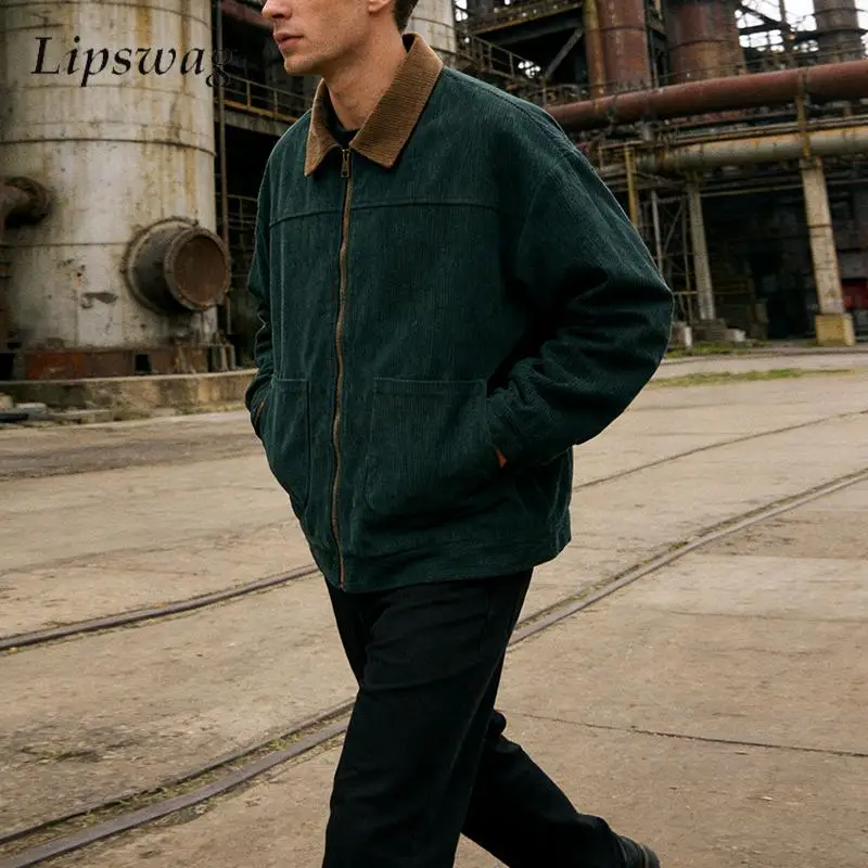 

Стильные вельветовые куртки-пэчворк для мужчин, весенние винтажные куртки с контрастными цветами, на молнии, с отложным воротником, мужская уличная одежда, модные образы