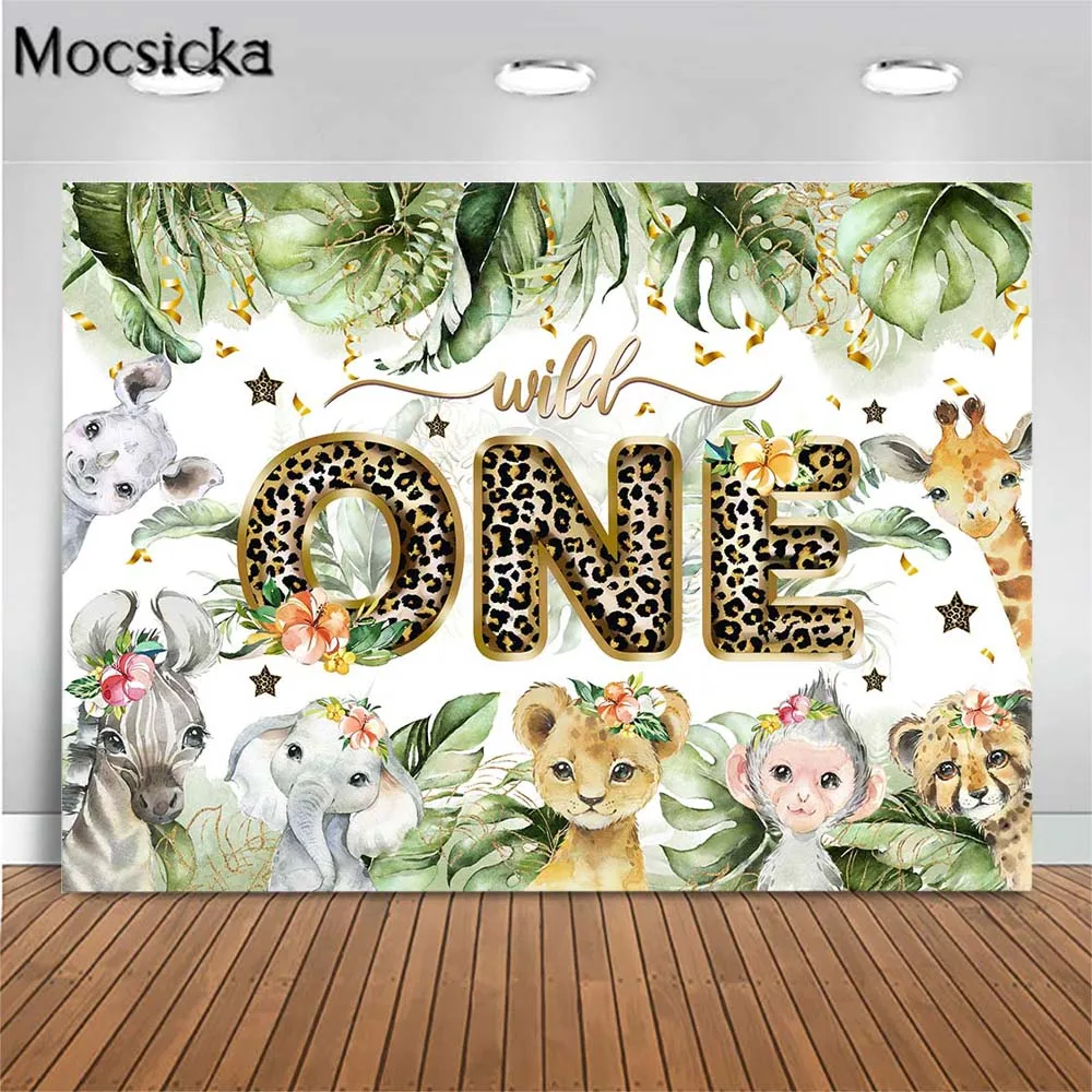 

Mocsicka Wild One Jungle Baby 1st Birthday Backdrop Tropical Forest Leaves Animal Boy Kids Birthday Party Background Decor Props