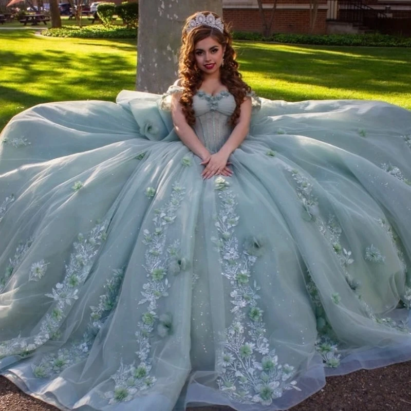 

Мятно-зеленое блестящее платье для Quinceanera, изящное платье принцессы с открытыми плечами, милое платье с аппликацией и бусинами на 16 лет, платья 15 лет