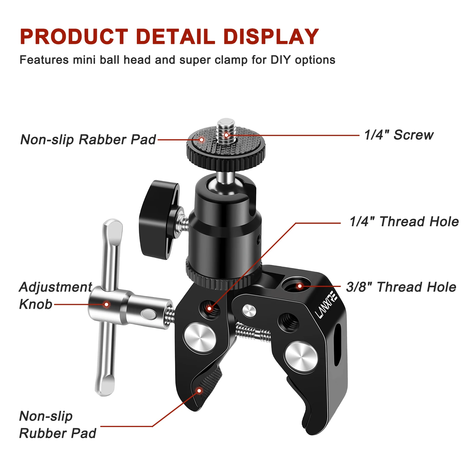 Lanxire Super Clamp Camera Mount With Mini Ball Head and 1/4