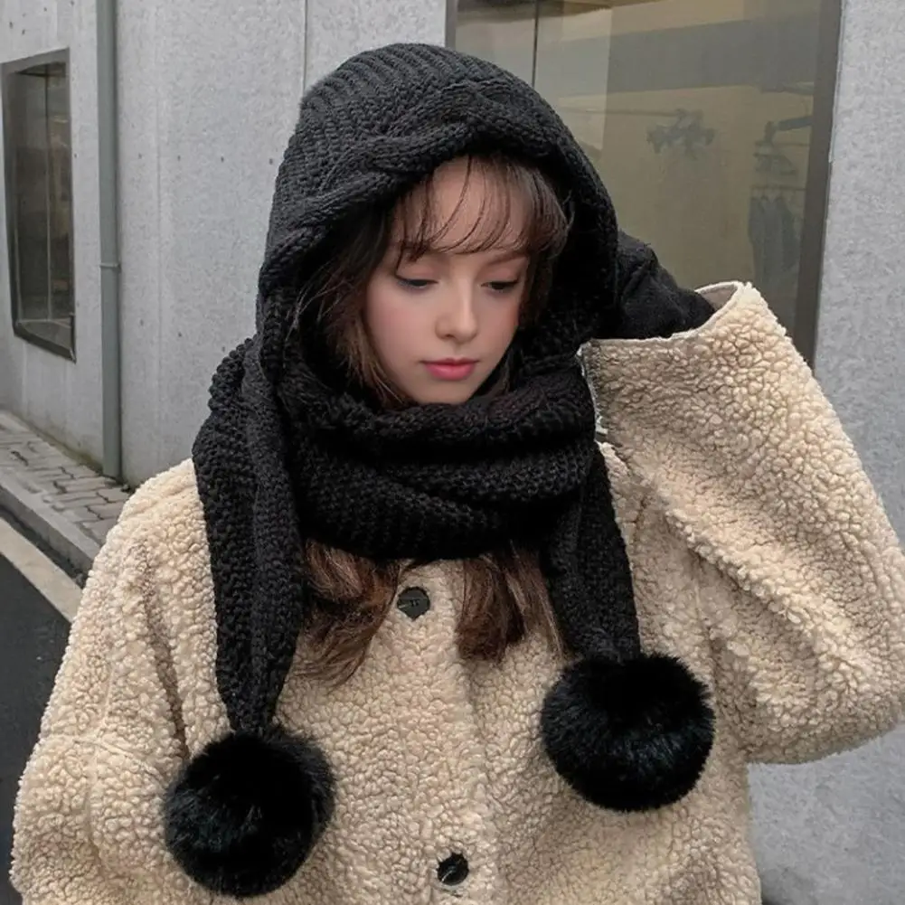 

2 In 1 Hat And Scarf Set Winter Knitted Hooded Scarf Soft Warm Crochet Hat Scarf Set With Faux Fur Pompom Ball For Cold Weather