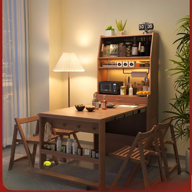 Solid wood folding dining table household small apartment dining table antique multi-function invisible push-pull