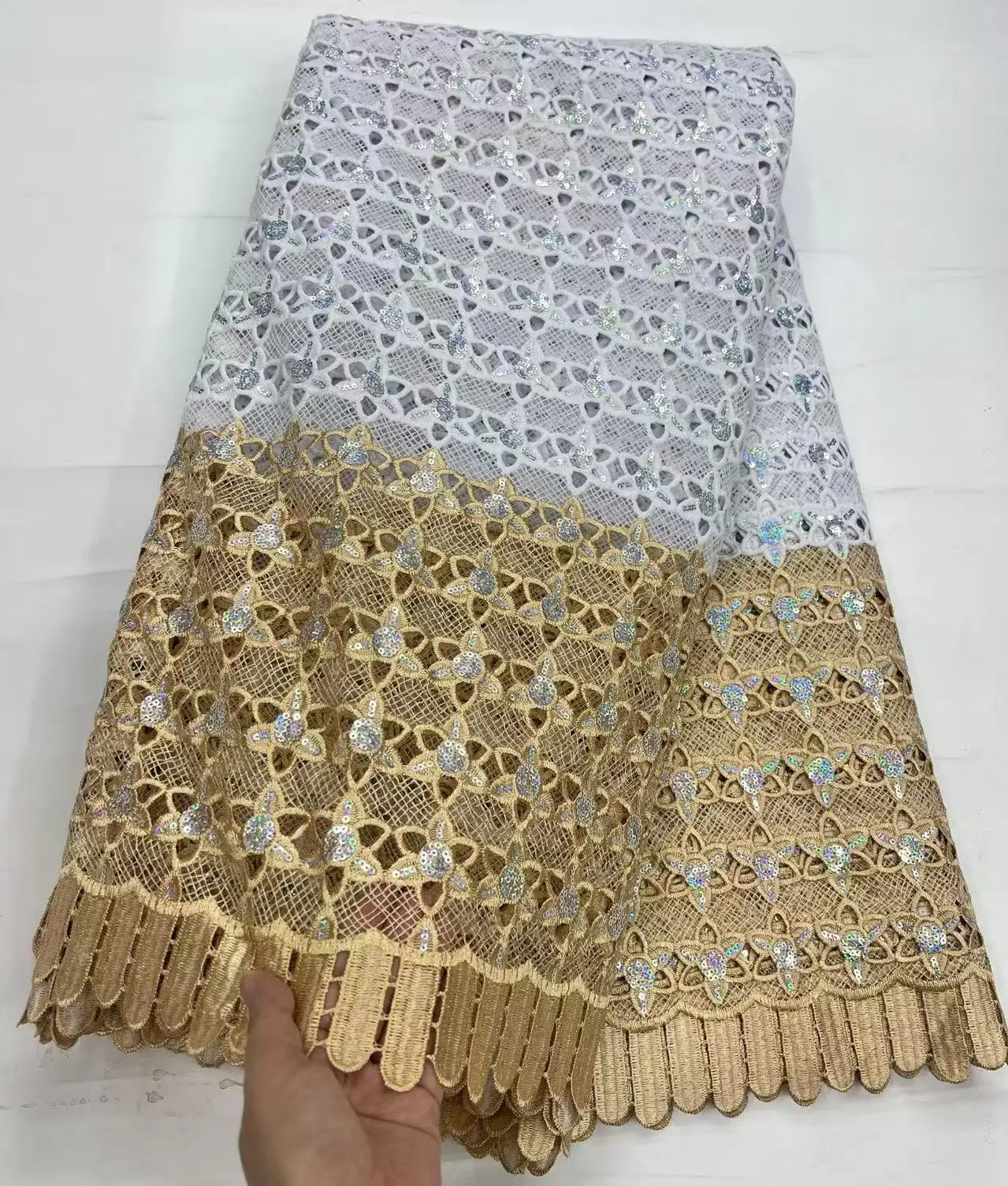 

Guipure Cord Lace Fabric With Sequins 2025 Hot Sale African Guipure Cord Nigerian Sequins Water Soluble Lace For Women Dress