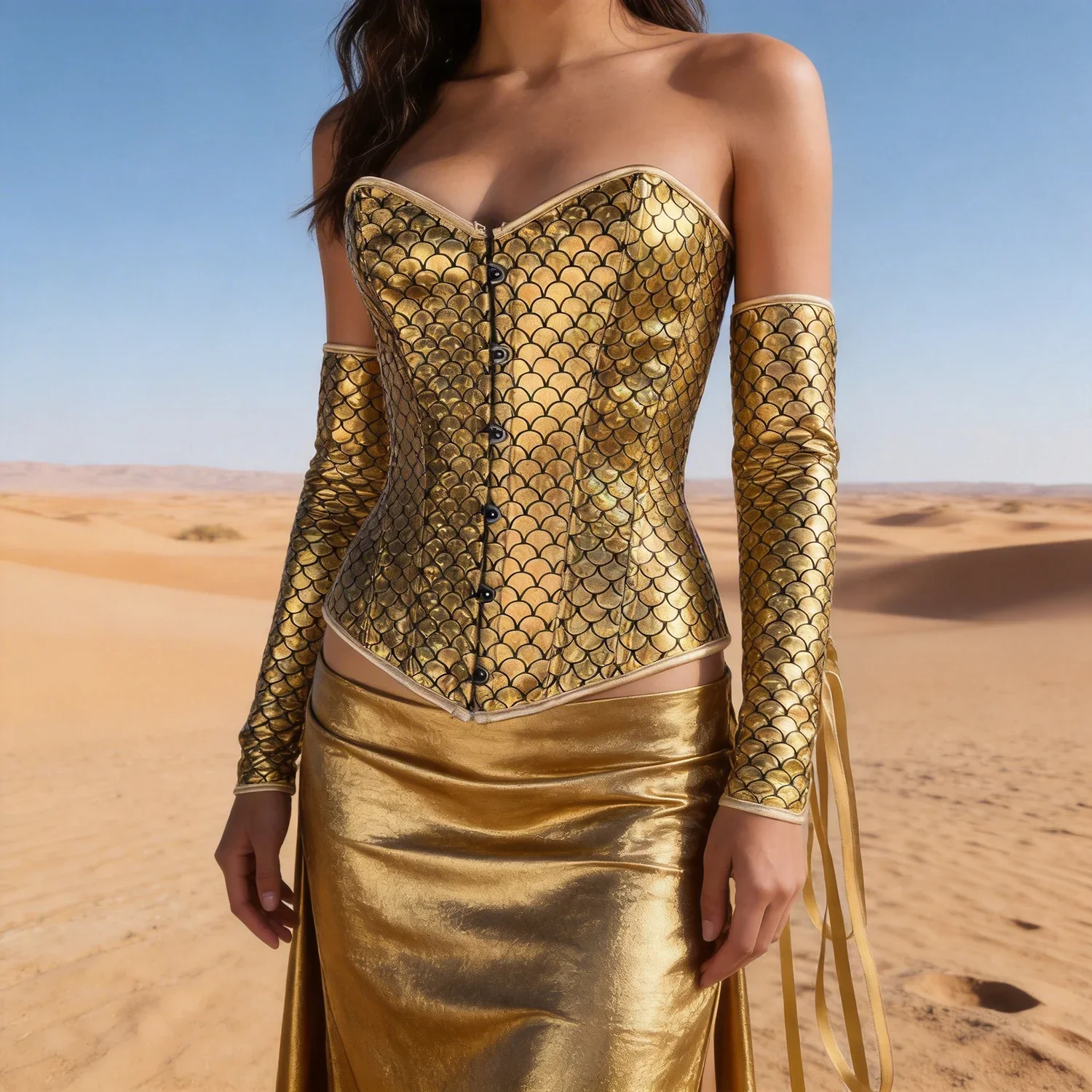 Luxury Gold Women Corset Bustier With Removable Sleeves Lace Up Boned Shaping Top Stage Party Costume