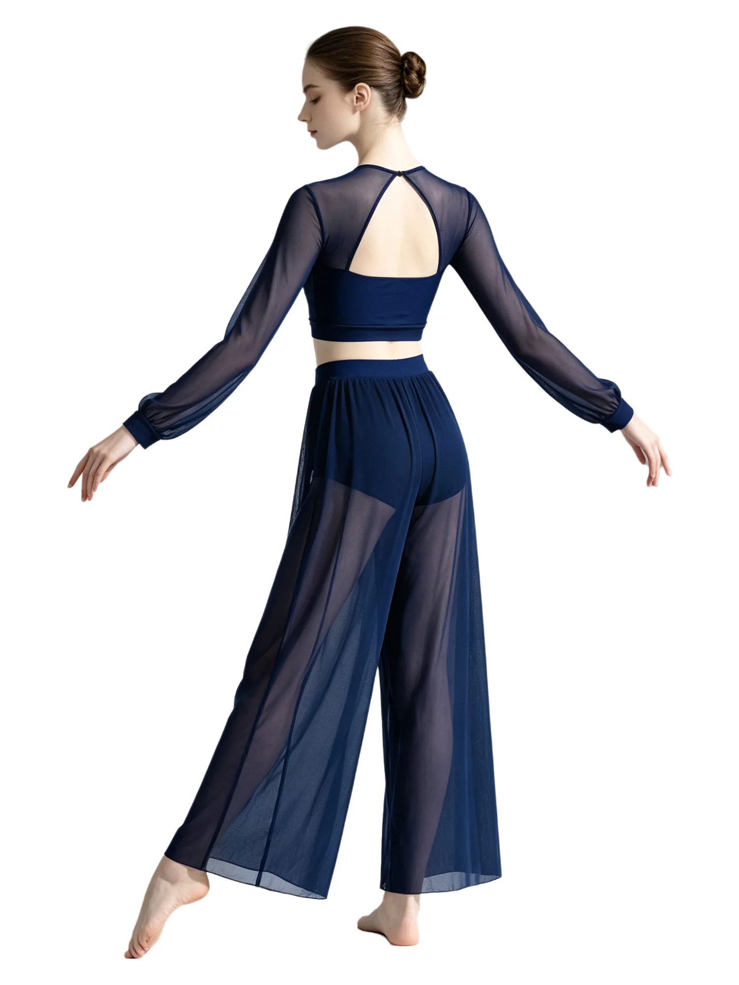 Womens Modern Lyrical Dance Outfit Sequined Applique Lantern Sleeve Backless Crop Top Sheer Mesh Pants Flowy Dancewear
