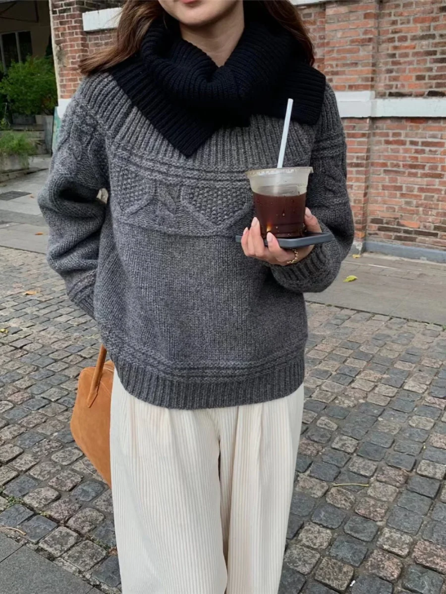 두꺼운 니트 스웨터 여성 빈티지 라운드 넥 느슨한 캐주얼 가을 겨울 패션 홍콩 스타일 스웨터 트렌디 코튼 블렌드